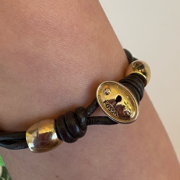 Fossil leather gold rhinestone tone beaded bracelet 7.5" - Picture 4 of 8